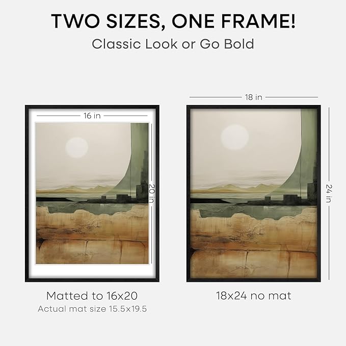 Homeforia Black Wooden Frame 18x24, High End Oak 18x24 Wood Picture Frames with Mat 16x20 Photo, 18 x 24 Poster Frame Matted to 16 by 20 Print, 24x18 Hanging Frames, Tempered Glass, Wall Kit, Set of 1