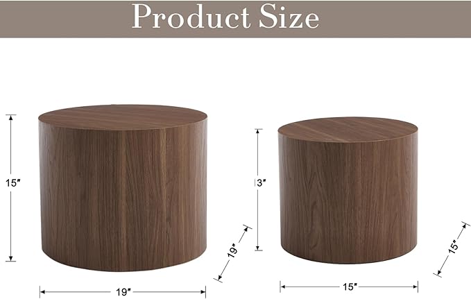 CIMOTA Round Wood Nesting Coffee Table Set of 2, Modern Circle Travertine End Side Table Sets for Living Room, Walnut Wooden Color/No Assembling