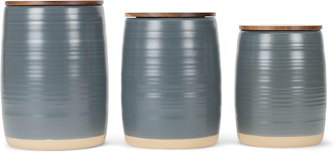 Nat & Jules Lidded Grey 6 inch Ceramic and Wood Kitchen Canisters Set of 3