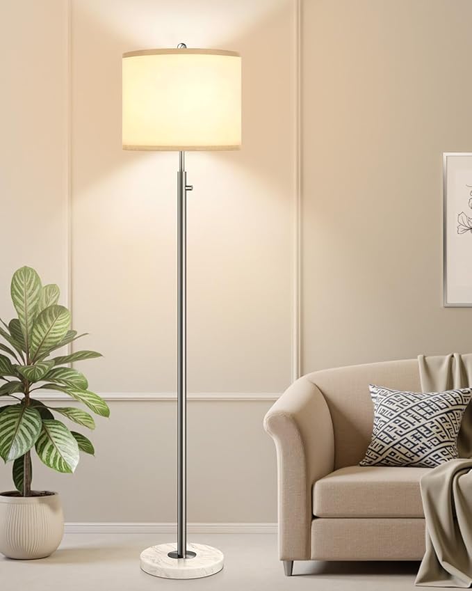 【Upgraded】 Dimmable Floor Lamp for Living Room, 11W LED Bulb Included, Modern Standing Lamp with Marble Base, Tall Pole Light with Linen Shade for Bedroom Reading Office Corner Nursery-Brushed Nickel
