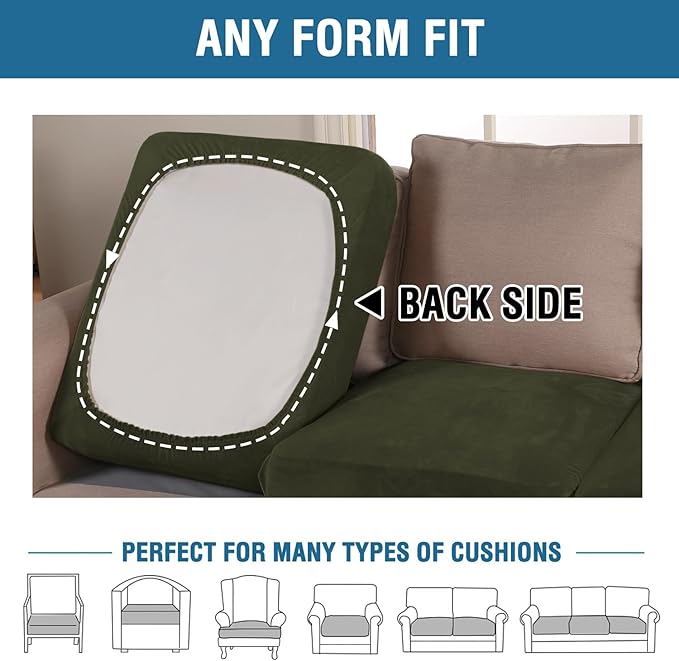 H.VERSAILTEX Velvet Stretch Couch Cushion Cover Plush Cushion Slipcover for Chair Cushion Furniture Protector Seat Cushion Sofa Cover (1 Piece Armchair Cushion Covers, Olive)