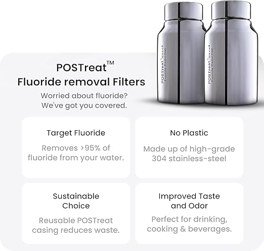 1.5 Gallons NSF Certified AISI 304 Stainless Steel Water Filter with 2 Smart Carbon (Black) Filters, 2 POSTreat Steel Fluoride Removal Elements & Free Stainless Steel Spigot