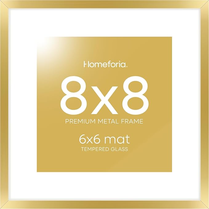 Homeforia 8x8 Picture Frame Gold, High End Metal 8 x 8 Square Photo Frames with Mat 6 by 6, 8x8 Poster Frame Matted to 6x6 inches Print, 8by8 Wall or Tabletop Frame, Tempered Glass, Wall Kit, Set of 1