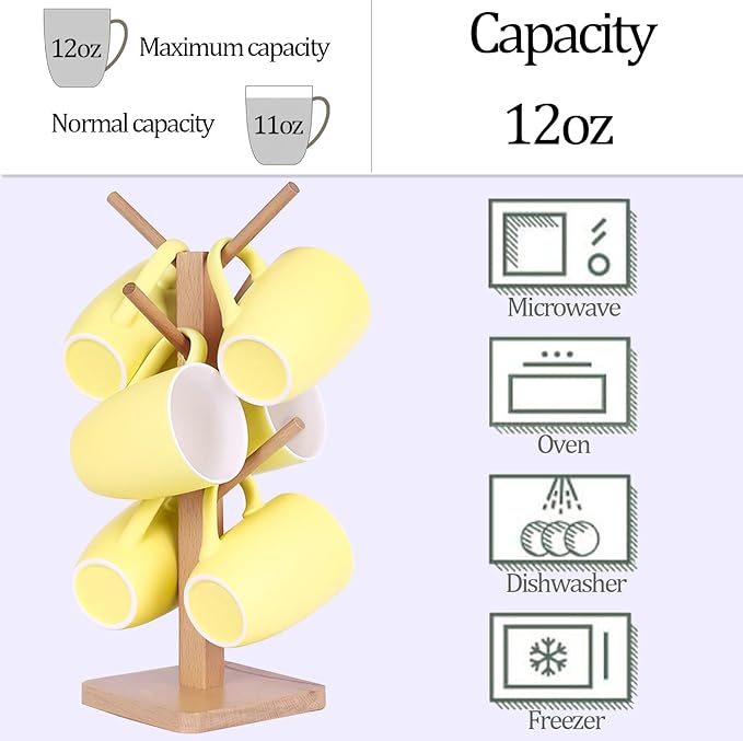 Coffee Mugs Set of 6, 12oz Ceramic Coffee Mugs with Handle, Matte Porcelain Yellow Coffee Mug for Latte, Tea, Cocoa, Cappuccino, Cups for Women Men for Home Restaurant Mug (Yellow)