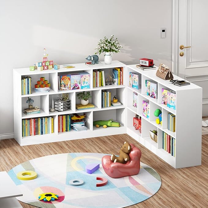 IOTXY Open Shelf Low Bookcase - Wooden 3-Tier Floor Standing Display Cabinet Organizer with Base, 8 Cubes Short Horizontal Bookshelf in Warm White