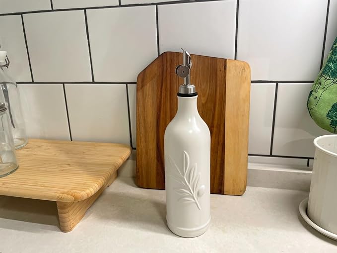 20 Oz Ceramic Olive Oil Dispenser Bottle, with Stainless Steel Spout & Funnel, Ideal for Oil, Vinegar, Coffee Syrup & Liquids (White)