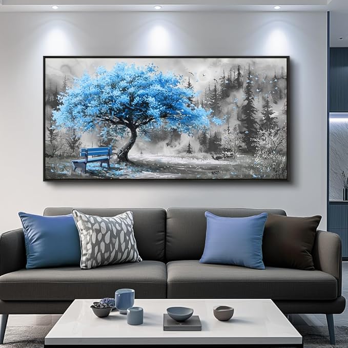ZUITINGHUA Black Framed Canvas Wall Art For Living Room Wall Decor For Bedroom Office Wall Decoration Blue Tree Landscape Painting Black And White Picture Artwork Room Aesthetic Home Decor 20x40 In