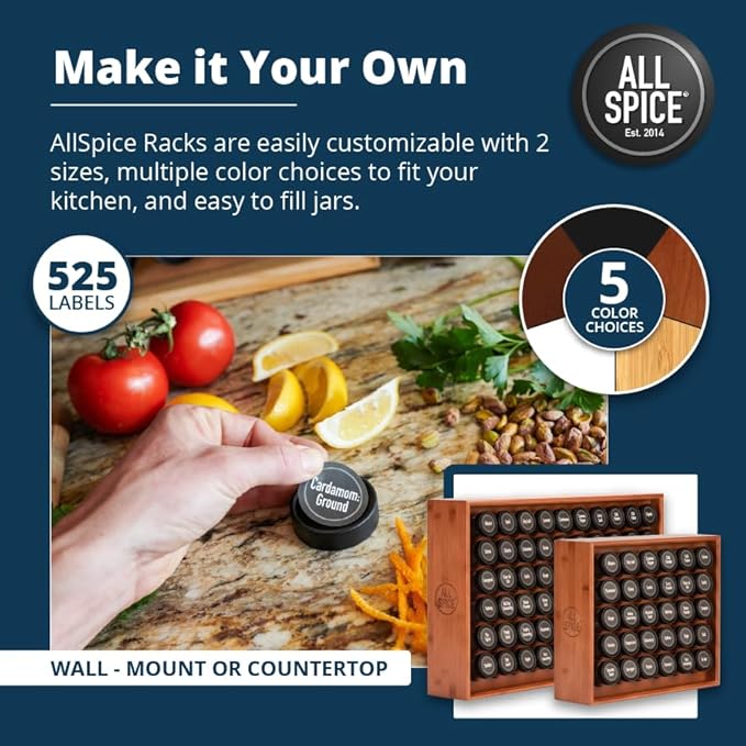 AllSpice Spice Rack Organizer, Wood, 525 Unique Labels, Countertop or Wall Mount, Includes 30 4oz Jars- Cherry Stain
