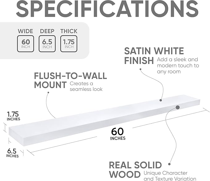 Homeforia Floating White Shelf 60 inches, High End Solid Real Wood 60inch Long Floating Shelves for Wall Mounted, White Wooden 60in Floating Shelves, Heavy Duty Bracket, 60 X 6.5 X 1.75 inch, Set of 2