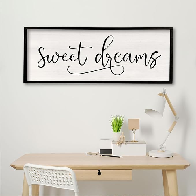 comurdyo Sweet Dreams Wall Decor Above Bed Sign 40" x 15" Master Bedroom Wooden Antique Framed Large Rustic Farmhouse Guest Room Beautiful Simple Hanging Plaque Over Bed Wall Art (Black)