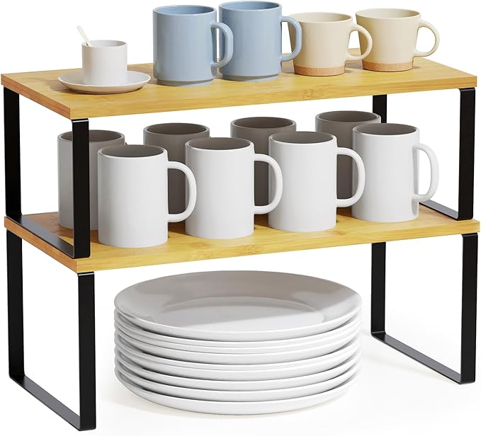 SpaceAid Cabinet Shelf Organizers 2 Pack, Kitchen Counter Rack Shelves Riser, Stackable Expandable Spice Rack, Pantry Cupboard Storage Organization (Black and Natural, Long)
