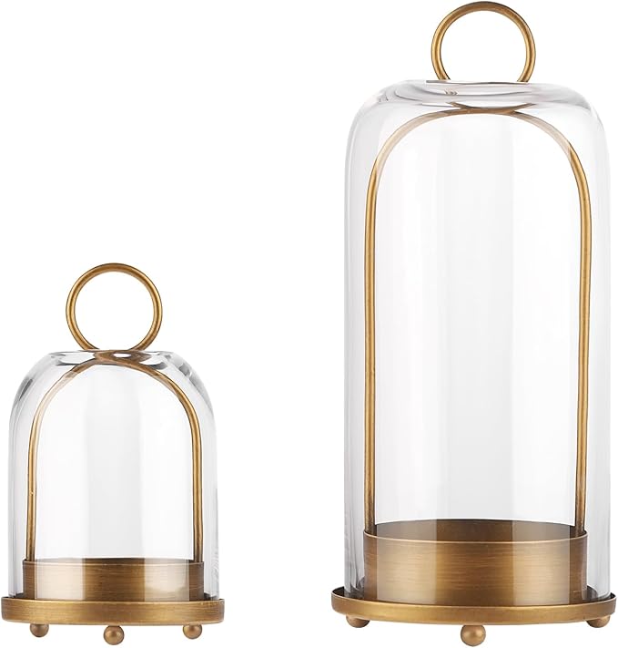 6" & 4" Versatile Modern Metal Hurricane Lantern in Set of 2 with Handmade Sturdy Glass Dome for Pillar Candle & Plants (Brass, 4"x7.5" &6.3"x11.2")