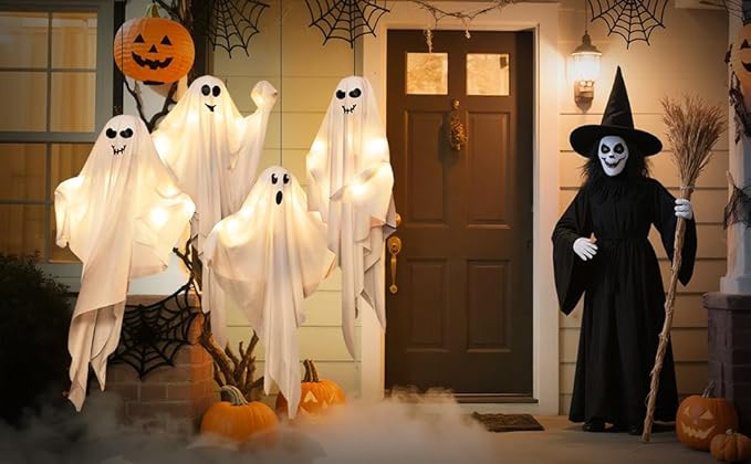 4 Pack Halloween Hanging Ghosts, 27.5 Inch with Light Up Ghost Kit for Indoor Outside Ornaments, Spooky Yard Tree Halloween Decorations Outdoor, Party Décor