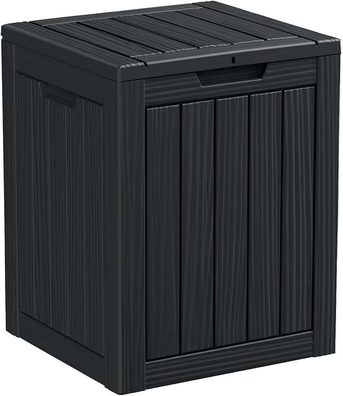 28 Gallon Resin Deck Box, Lockable Outdoor Storage Box for Patio Cushions Storage Furniture,Garden Tools, Pool Supplies, Weatherproof and UV Resistant（Black）