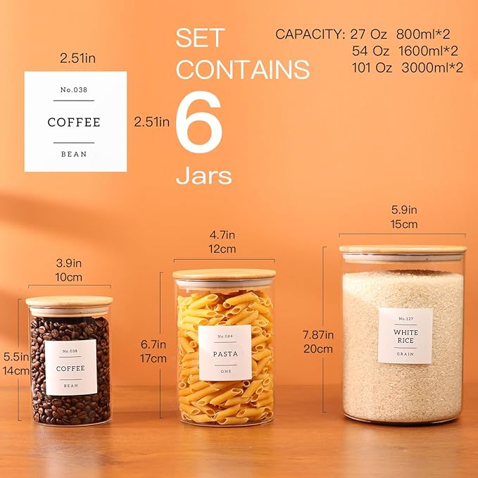 6-Pack Borosilicate Glass Storage Jars with Bamboo Lids + 132 Pre-Printed Pantry Labels Included, BPA-Free Thicken Airtight Containers for Flour, Sugar, Rice, Microwave & Freezer Safe(100OZ/54OZ/27OZ)