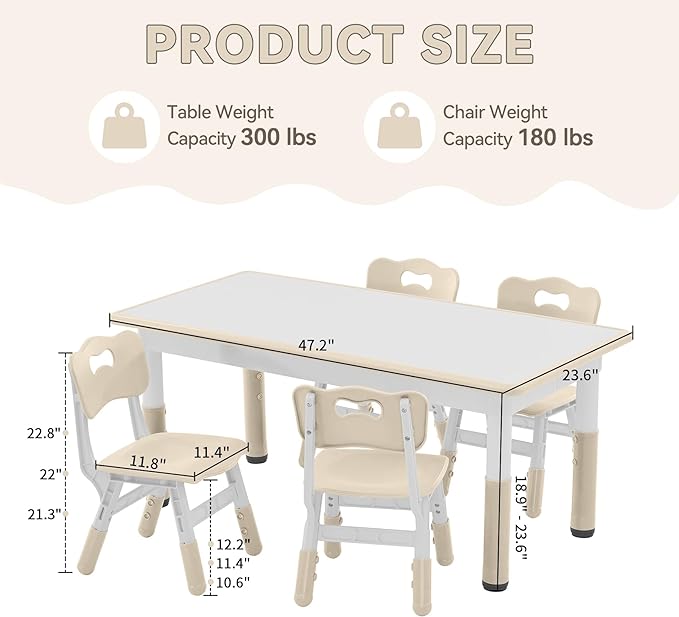 Kids Study Table and Chairs Set, Height Adjustable Toddler Table and Chair Set for Kids Ages 3-8, Graffiti Desktop (Burlywood - 1)