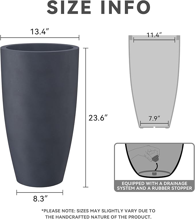 Kante 23.6" H Charcoal Concrete Tall Planters (Set of 2), Large Outdoor Indoor Decorative Plant Pots with Drainage Hole and Rubber Plug, Modern Style for Home and Garden
