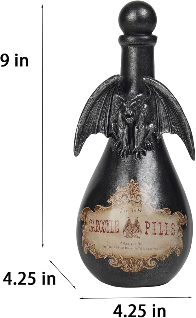 Braxio Gothic Home Decor Potion Bottles - Resin Black Gargoyles Halloween Potion Bottles Room Decor Aesthetic Gift for Women Halloween Prop Accessory Display Bottles 4.25 * 4.25 * 9.5 Inch