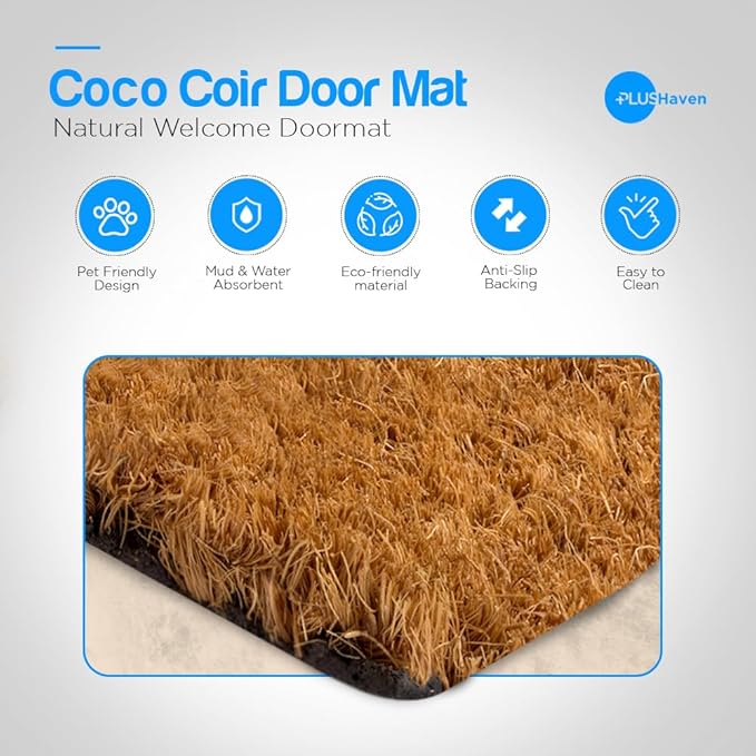 PLUS Haven Coco Coir Door Mat with Heavy Duty Backing, Natural Welcome Doormat, 17.5”x30” for Entrance, Front Porch, Easy to Clean Entry Mat, Outdoor and Indoor Uses, Home Décor