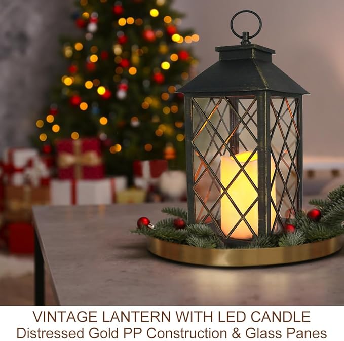 Bright Zeal 13.5" Outdoor Candle Lantern Decorative with LED Pillar Candle Battery Powered (Distressed Gold, 6hr Timer) - IP44 Waterproof Decorative Tabletop Lanterns Hanging Lanterns Indoor Outdoor