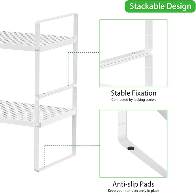 Expandable Cabinet Storage Shelf Stackable Organizer Rack for Kitchen Bathroom Pantry Spice Cupboard Coffee Countertop Home Office Desk Heavy Duty Nonslip White Large 1 Pack