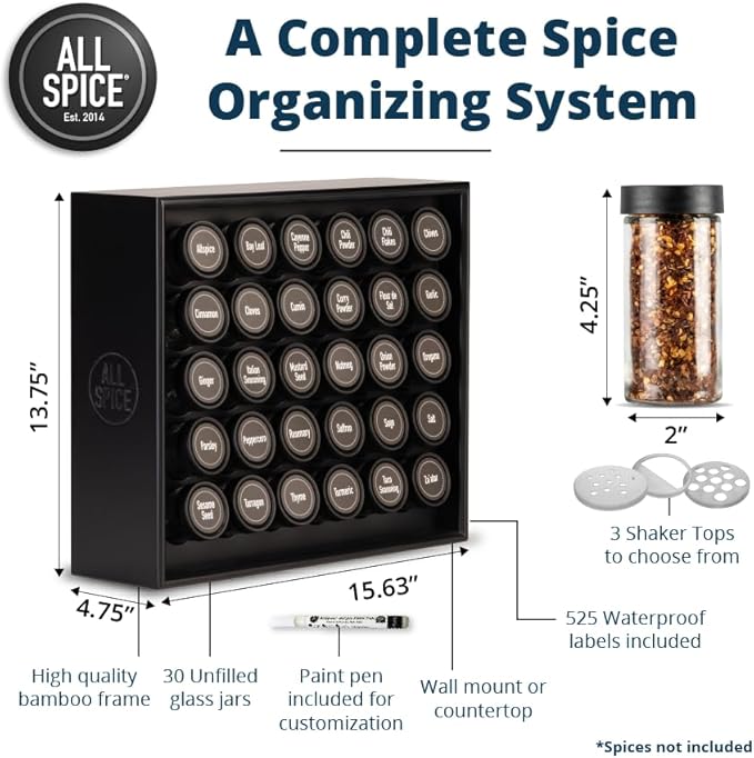 AllSpice Spice Rack Organizer, Wood, 525 Unique Labels, Countertop or Wall Mount, Includes 30 4oz Jars- Matte Black