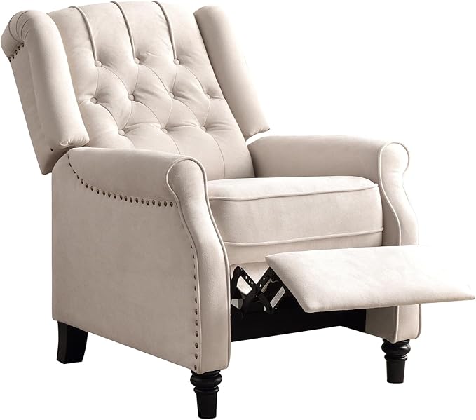 EBELLO 2 Pcs Pushback Recliner Chairs, Fabric Armchair Push Back Recliner with Rivet Decoration, Single Sofa Accent Chair for Living Room, Bedroom,Beige