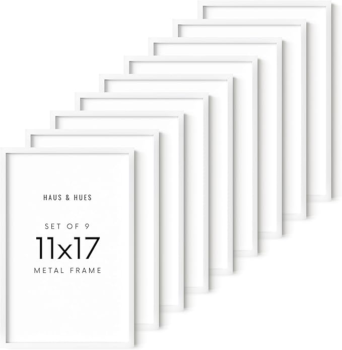 HAUS AND HUES 11x17 White Metal Picture Frames - Features Premium Aluminum, Vertical & Horizontal Hang, Shatterproof Plexiglass - Ideal for Home, Room, Office (11x17 in, White, Set of 9)