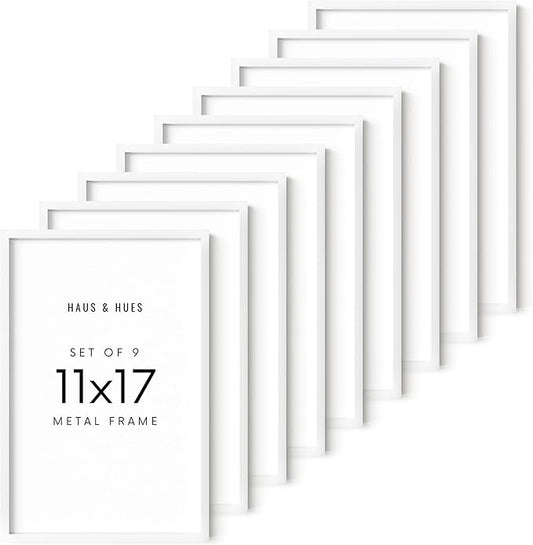 HAUS AND HUES 11x17 White Metal Picture Frames - Features Premium Aluminum, Vertical & Horizontal Hang, Shatterproof Plexiglass - Ideal for Home, Room, Office (11x17 in, White, Set of 9)
