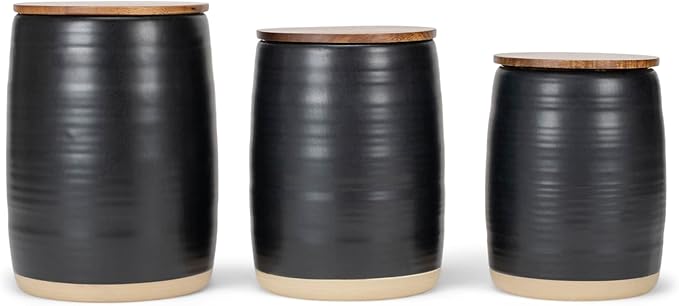 Nat & Jules Lidded Black 6 inch Ceramic and Wood Kitchen Canisters Set of 3