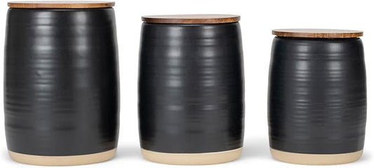 Nat & Jules Lidded Black 6 inch Ceramic and Wood Kitchen Canisters Set of 3