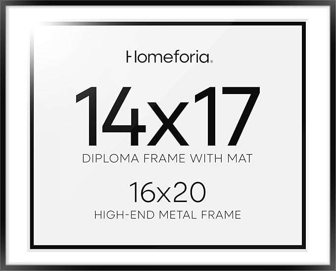 Homeforia Diploma Frame 16x20 Black, High End Metal 16 x 20 Black Certificate Frames with Mat 14 x 17, 20x16 Document Frame Matted to 14x17, Award Graduation Frames, Tempered Glass, Wall Kit, Set of 1