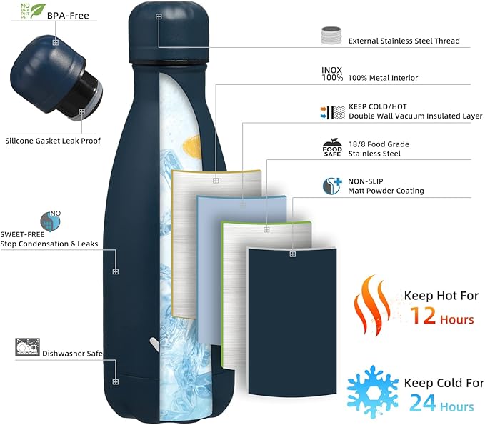 Insulated Water Bottles,12 oz Double Wall Stainless Steel Vacumm Metal Flask for Sports Travel, Navy Blue