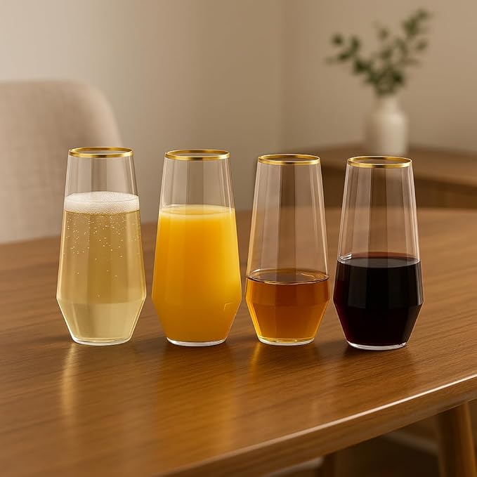 48 Pack Diamond Unbreakable Stemless Plastic Wine Stemless Toasting coacktail Glasses, Durable 9 Oz BPA-Free Disposable Champagne Flutes for Weddings, Bars, Events, and Celebrations (Diamond Gold Rim)