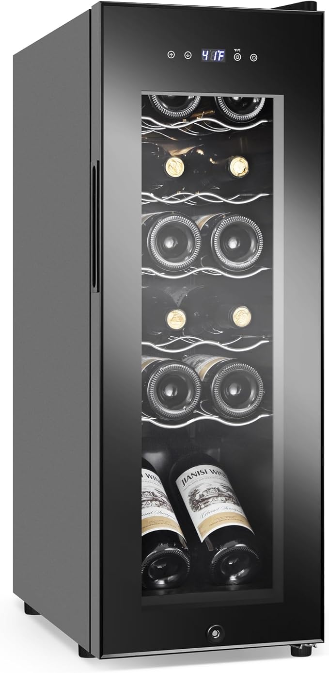 Wine Cooler Refrigerator 12 Bottles, Small Wine Fridge Mini Wine Fridge Countertop with Glass Door Wine Cellars for Red Wine, Champagne, Dry White Wine, Sparkling Wines