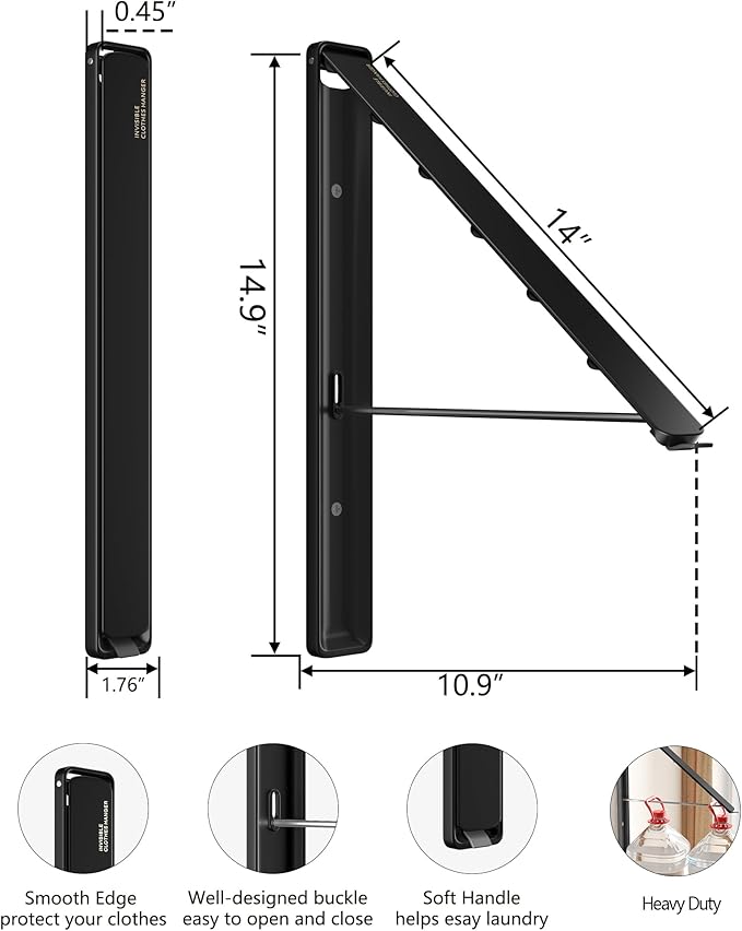 Dr.DJ Clothes Drying Rack Wall Mounted, Retractable & Foldable Clothes Hanger for Laundry Room Organization and Storage, Clothes Hanger Rack for Dorm, Closet, Balcony, Laundry Room(1P, Metal, Black)