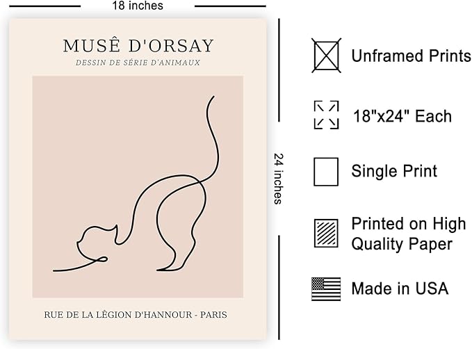 Poster Master Vintage Poster - Retro One Line Cat Drawing Print - Cat Art - Minimal Gift for Men, Women, Animal Lover - Abstract Wall Decor for Home, Office, Bedroom, 18x24 Unframed Wall Art