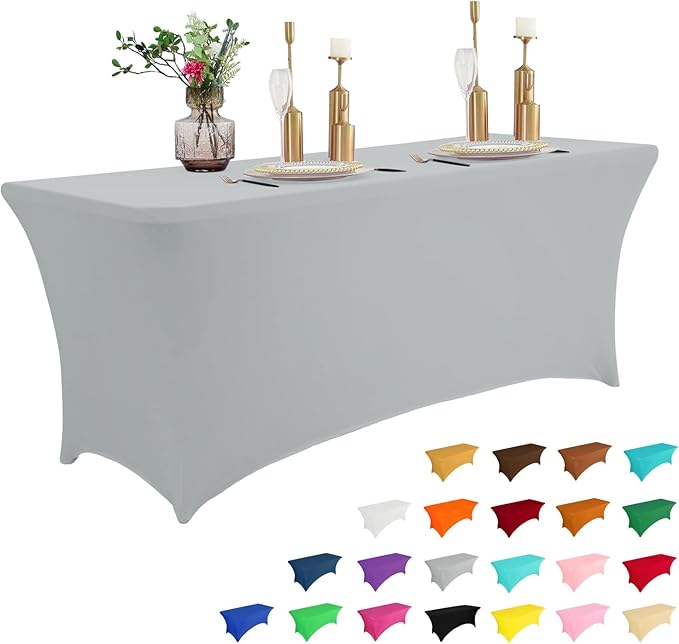 IVAPUPU 8FT Table Cloth for Rectangular Fitted Events Stretch Grey Table Covers Washable Cover Spandex Tablecloth Protector for Party, Wedding, Cocktail, Banquet, Festival
