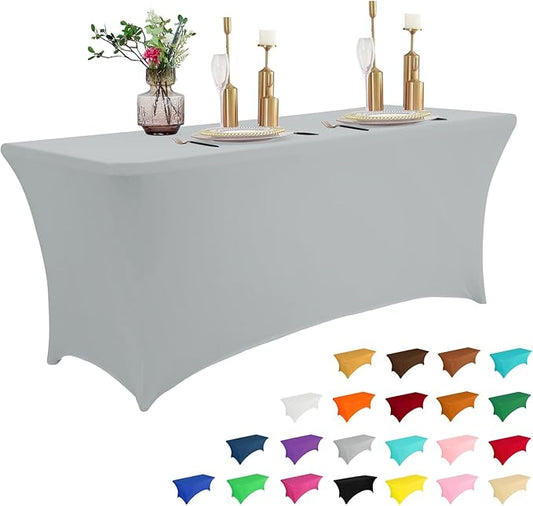 IVAPUPU 8FT Table Cloth for Rectangular Fitted Events Stretch Grey Table Covers Washable Cover Spandex Tablecloth Protector for Party, Wedding, Cocktail, Banquet, Festival