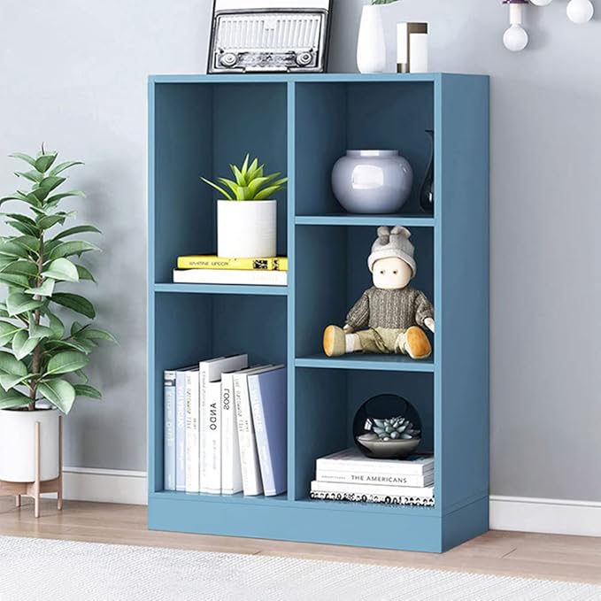 IOTXY Open Shelf Low Bookcase - Wooden 3-Tier Floor Standing Display Cabinet Organizer with Base, 5 Cubes Short Horizontal Bookshelf in Bright Blue