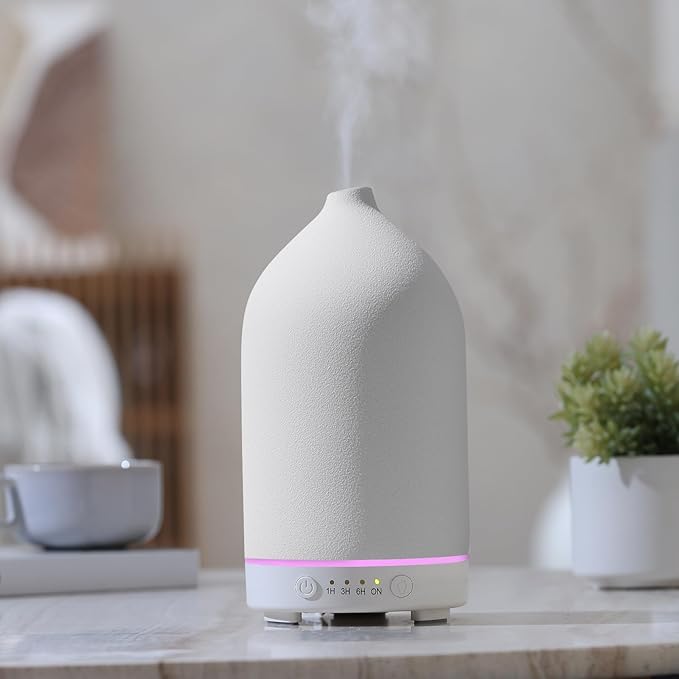 200ML Ceramic Essential Oil Diffuser - Ultrasonic Aromatherapy & Humidifier with 7-Color LED Lights, Auto Shut-Off, White, 1H/3H/6H Timer | Scent for Home,Office,Yoga