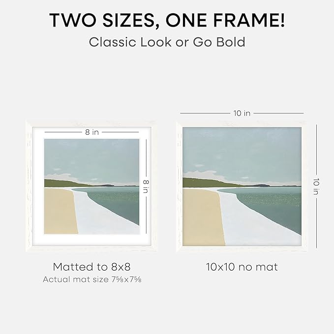 Homeforia 10x10 White Picture Frame, High-End Oak 10 x 10 Square Wooden Frames with Mat 8 by 8 Photo, 10by10 Wood Frame Matted to 8x8 Print, Wall or Tabletop Frames, Tempered Glass, Wall Kit, Set of 1