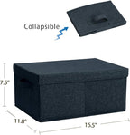 HOONEX Linen Foldable Storage Bins with Lids, 2 Pack, Storage Boxes with Carrying Handles and Sturdy Heavy Cardboard, 16.5" L x 11.8" W x 7.5" H for Shoes, Books, Clothes, Nursery, Dark Grey
