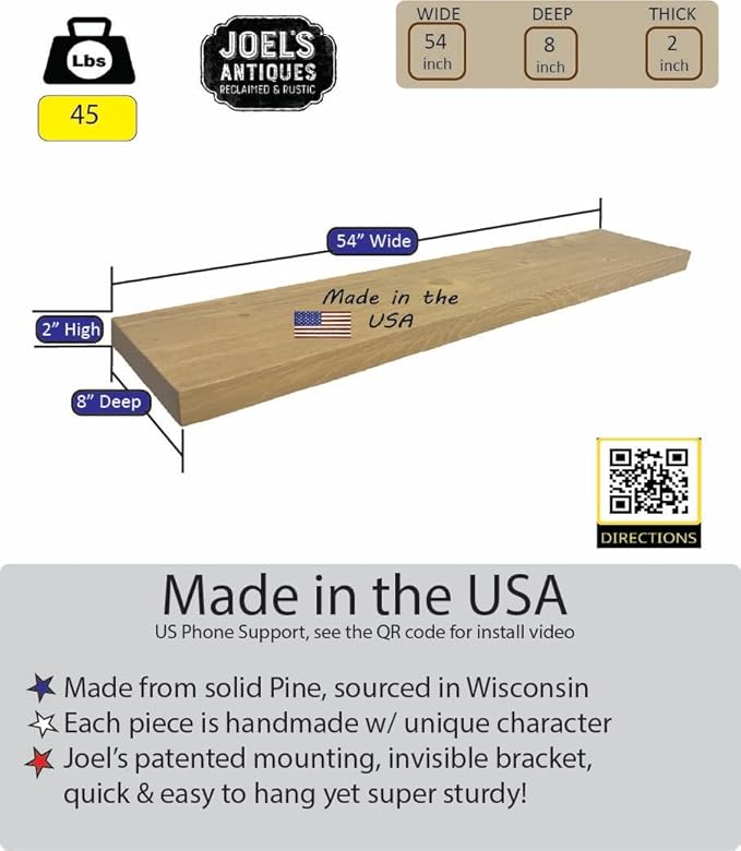 joelsantiques 54 Inch Wooden Floating Shelves for Wall - 54x8x2 in - Made of Natural Wood - Long Heavy Duty Rustic Wall Shelves for Bedroom - Perfect for Living Room, Kitchen - Natural
