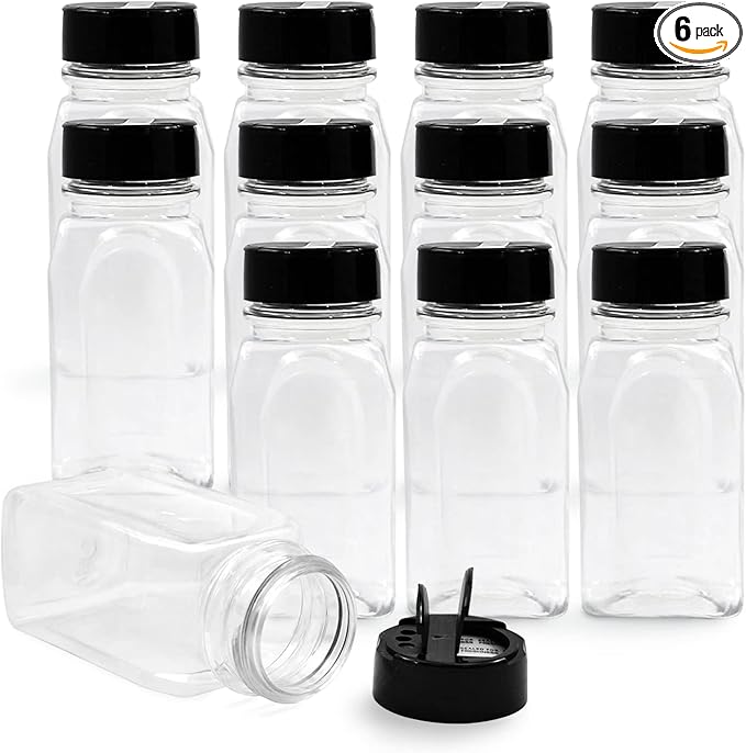 RoyalHouse 6 Pack 9.5 Oz Plastic Spice Jars with Black Cap, Clear and Safe Plastic Bottle Containers with Shaker Lids for Storing Spice, Herbs and Seasoning Powders, BPA Free, Made in USA