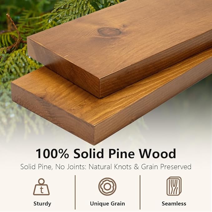 Habudda Floating Shelves, Wall Shelf for Bathroom Bedroom Kitchen, Natural Pine Real Wooden Shelves, Wall Mounted, 100% Pine, Set of 2, 30 Inches Long, Honey Oak