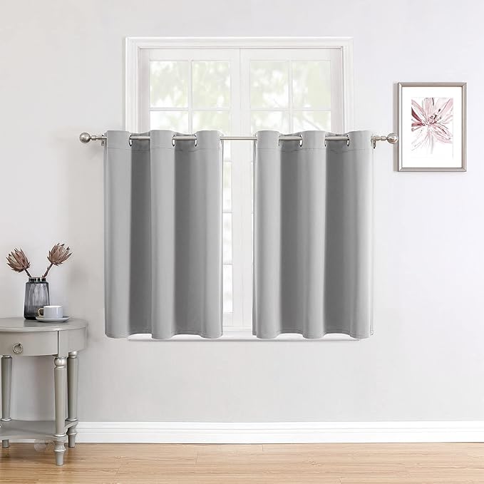 ChrisDowa Small Window Curtains for Kitchen and Bedroom - Grommet Short Thermal Insulated Room Darkening Curtains (2 Panels, Light Grey, 34 x 36 Inch)