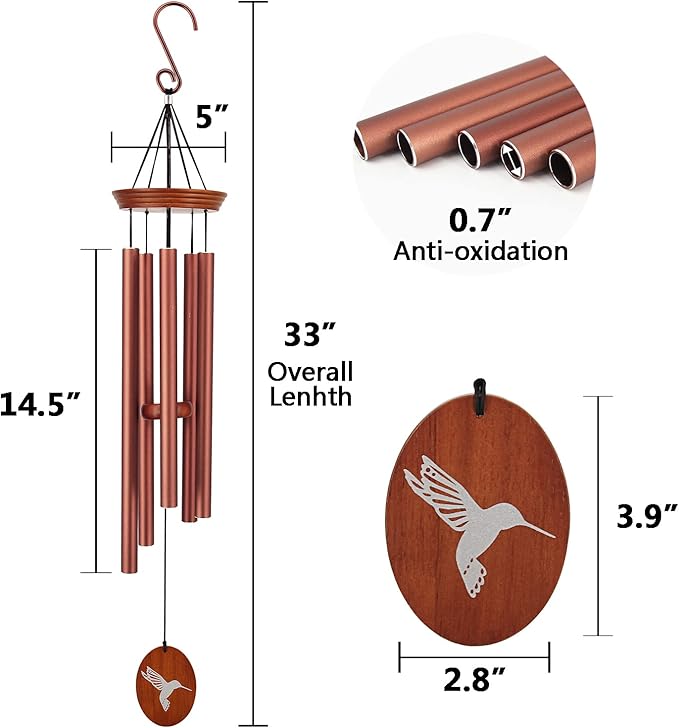 Hummingbird Outdoor Wind Chimes - 33" Tall, Tuned Melody, Memorial Gift for Mom/Grandma, Weather-Resistant, Perfect Decoration for Patio, Garden, Yard & Indoors