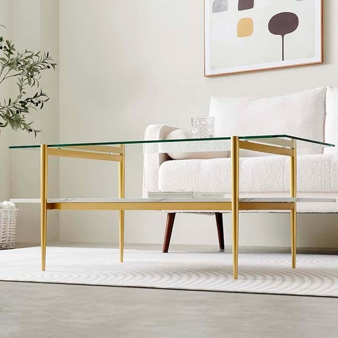 Rectangle Coffee Table for Living Room, Mid-Century Modern Design, L41 x W21 x H17, 2-Tier Structure, Clear Glass Top and White Marble Finish Wood Shelf, Conical Legs with Gold Finish