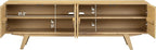 NTC Sapa Mid-Century Modern Solid Wood TV Stand 4-Door Media Console with Carved Geometric Fronts for TVs up to 75", Effortless Assembly, Sand